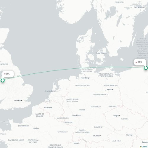 Mapa de vuelo directo Gdansk - Liverpool