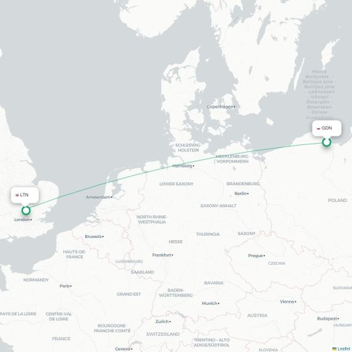 Mapa de vuelo directo Gdansk - Londres