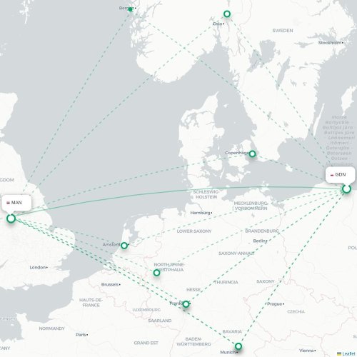 Mapa de vuelo directo Gdansk - Mánchester