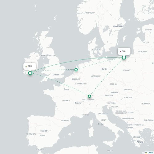Mapa de vuelo directo Gdansk - Cork