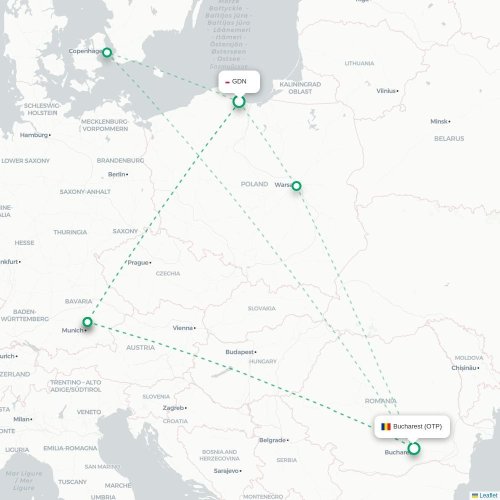 Gdansk – Bukarest suoran lennon kartta