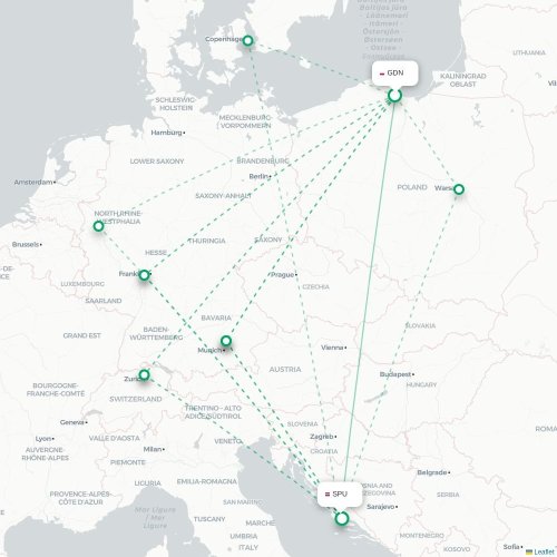 Gdańsk - Split kort over direkte fly