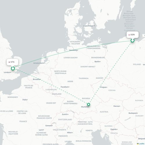 Mapa de vuelo directo Gdansk - Londres