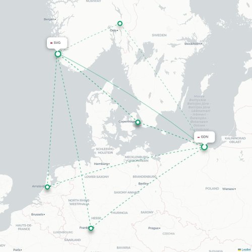 Mapa de vuelo directo Gdansk - Stavanger