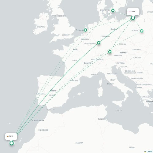 Mapa de vuelo directo Gdansk - Granadilla de Abona
