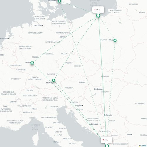 Gdansk – Tirana suoran lennon kartta