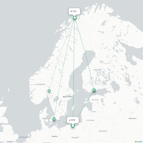 Mapa de vuelo directo Gdansk - Tromso