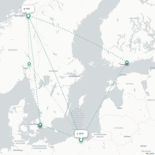 Mapa de vuelo directo Gdansk - Trondheim