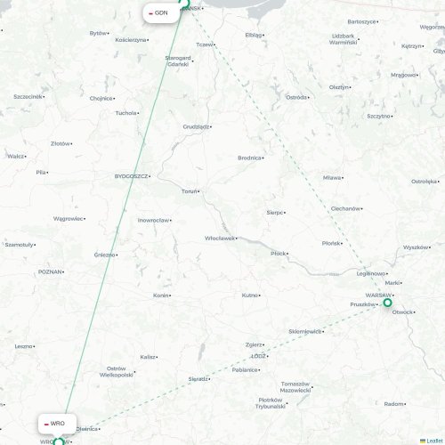 Mapa de vuelo directo Gdansk - Wrocław