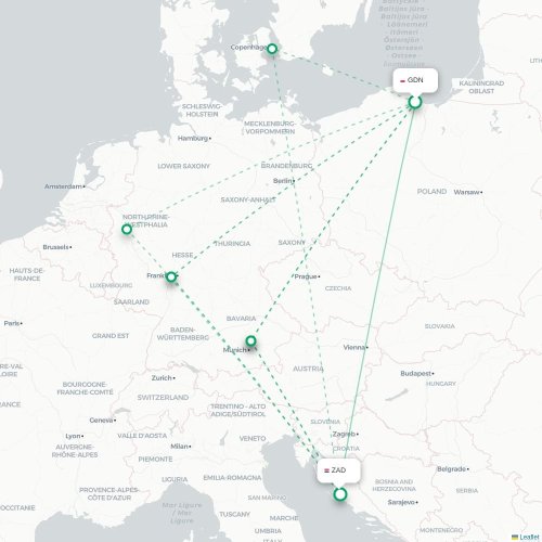 Gdańsk - Zadar kort over direkte fly
