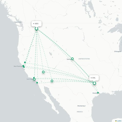 Mapa de vuelo directo Spokane - Dallas