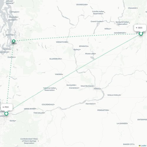 Mapa de vuelo directo Spokane - Portland