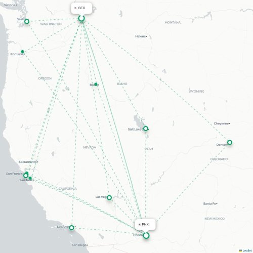 Mapa de vuelo directo Spokane - Phoenix