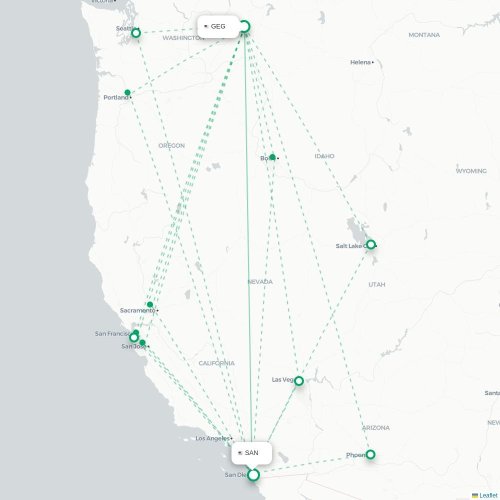 Mapa de vuelo directo Spokane - San Diego