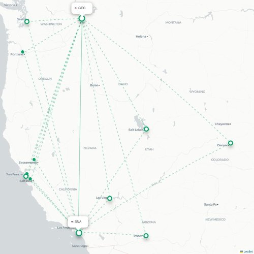 Mapa de vuelo directo Spokane - Santa Ana