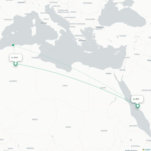 Mapa lotu bezpośredniego Ghardaja – Dżudda