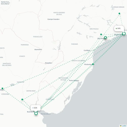 Mapa lotu bezpośredniego Rio de Janeiro – Buenos Aires