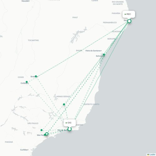 Mapa lotu bezpośredniego Rio de Janeiro – Recife
