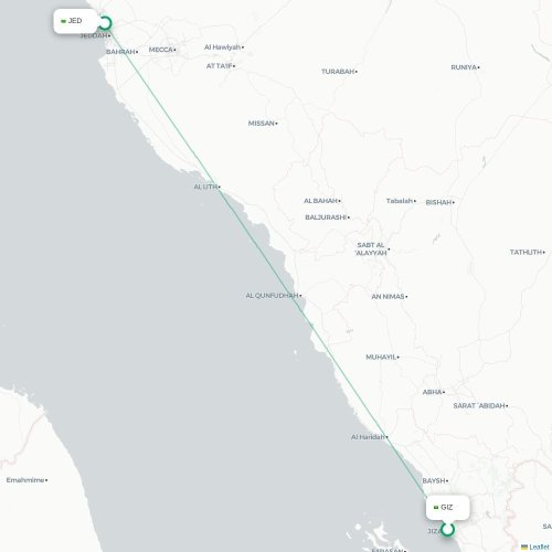 Mapa de vuelo directo Jazan - Jedda
