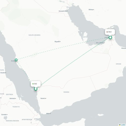 Jazan - Sharjah kaart van rechtstreekse vlucht