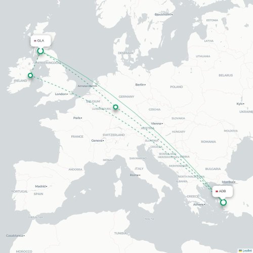 Mapa de vuelo directo Glasgow - Esmirna