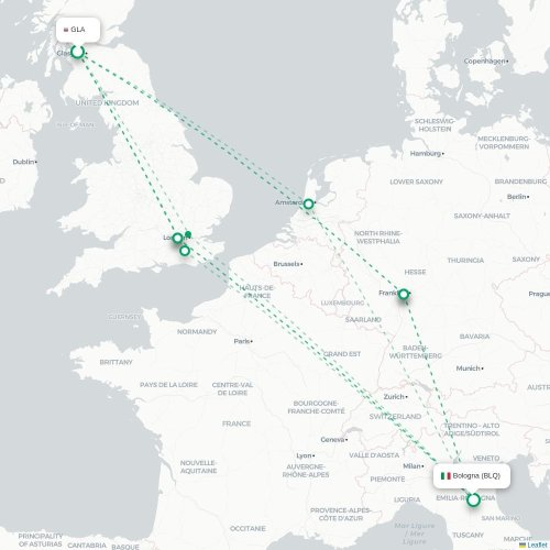 Mapa lotu bezpośredniego Glasgow – Bolonia