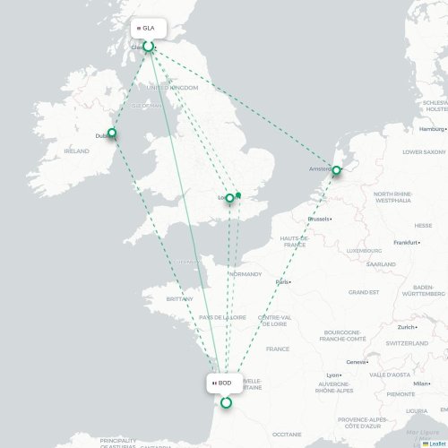 Mapa de vuelo directo Glasgow - Burdeos