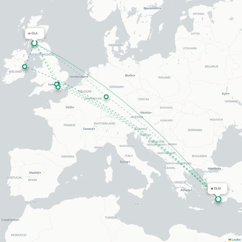 Mapa de vuelo directo Glasgow - Dalaman