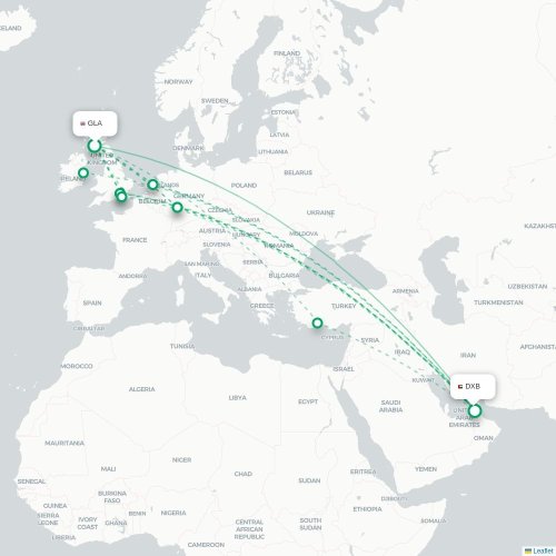 Mapa de vuelo directo Glasgow - Dubái