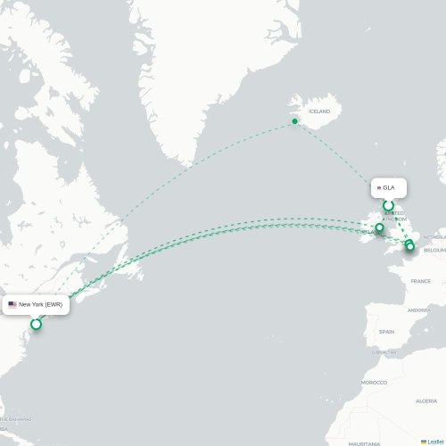 Mapa de vuelo directo Glasgow - Newark