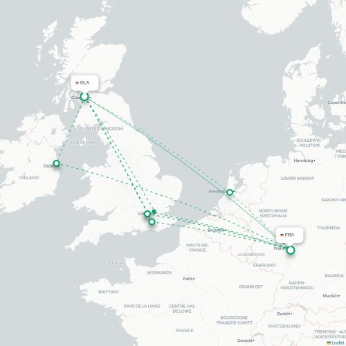 Mapa de vuelo directo Glasgow - Fráncfort