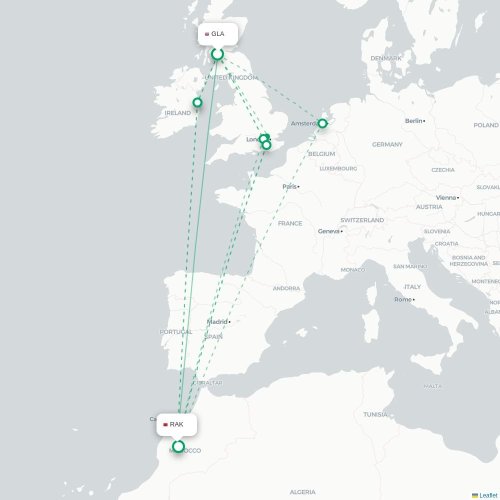 Glasgow - Marrakech kort over direkte fly