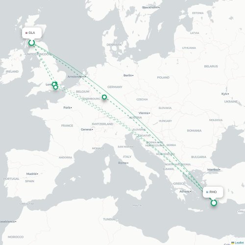 Mapa de vuelo directo Glasgow - Rodas