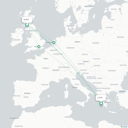 Mapa de vuelo directo Glasgow - Zakynthos