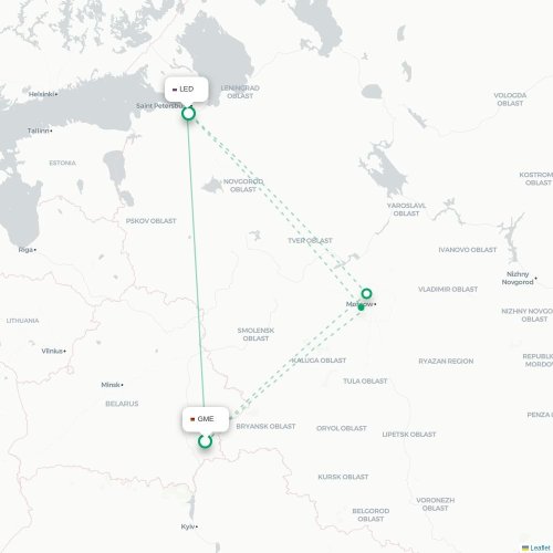 Mapa de vuelo directo Homiel - San Petersburgo