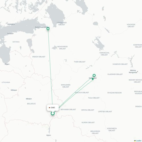 Mapa de vuelo directo Homiel - Moscú