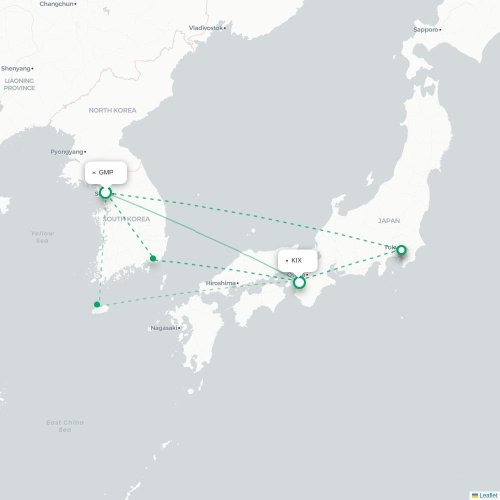 Mapa lotu bezpośredniego Seul – Osaka