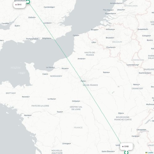 Mapa de vuelo directo Grenoble - Birmingham