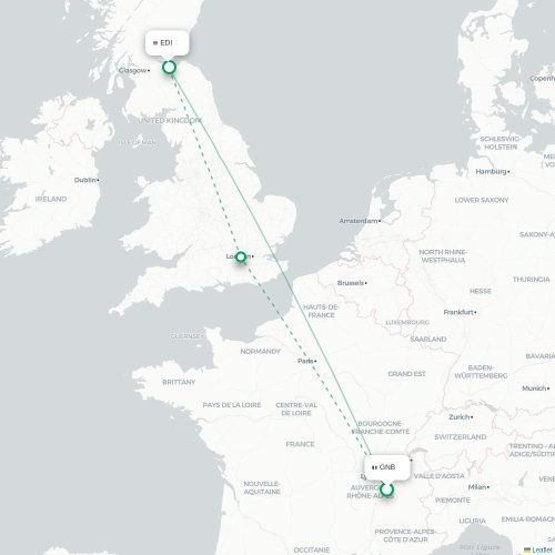 Mapa de vuelo directo Grenoble - Edimburgo