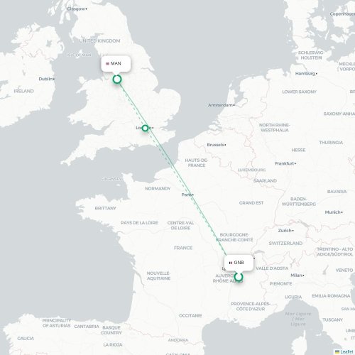 Mapa de vuelo directo Grenoble - Mánchester