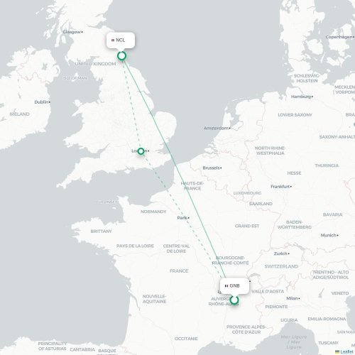 Mapa de vuelo directo Grenoble - Newcastle-upon-Tyne