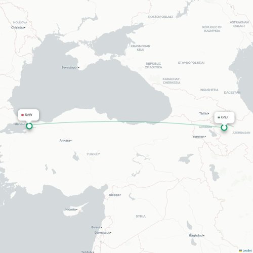 Mapa de vuelo directo Gandja - Estambul