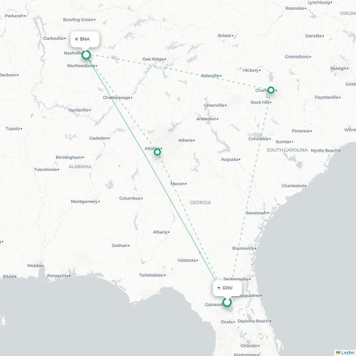 Mapa de vuelo directo Gainesville - Nashville