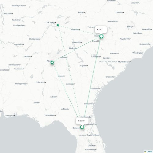 Mapa de vuelo directo Gainesville - Charlotte