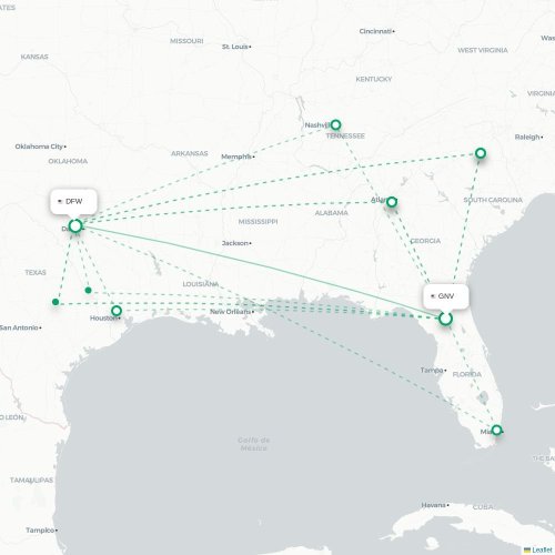 Mapa de vuelo directo Gainesville - Dallas