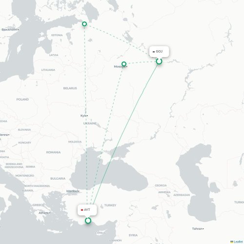 Mapa lotu bezpośredniego Nizhny Novgorod – Antalya
