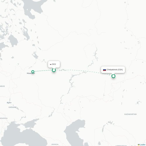 Mapa de vuelo directo Nizhny Novgorod - Cheliábinsk