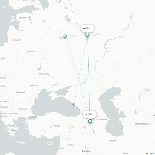Mapa de vuelo directo Nizhny Novgorod - Ereván