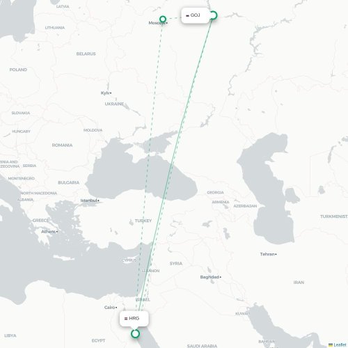 Mapa de vuelo directo Nizhny Novgorod - Hurgada