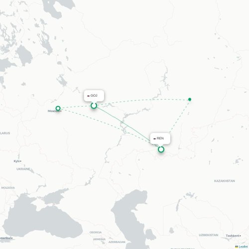Mapa de vuelo directo Nizhny Novgorod - Oremburgo